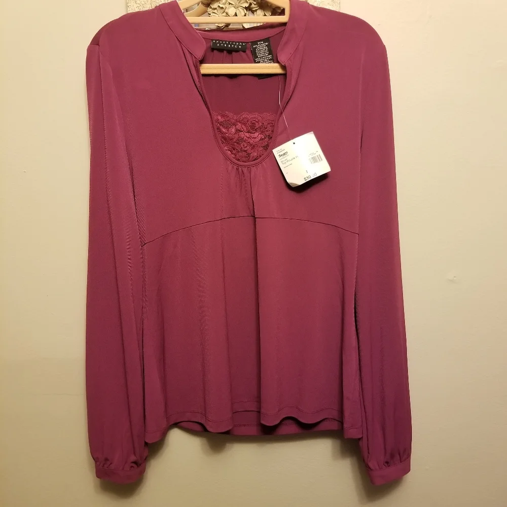 Apostrophe Womens Long Sleeve Shirt Blouse Shirt Top Lace Inset Berry Medium - Picture 3 of 10